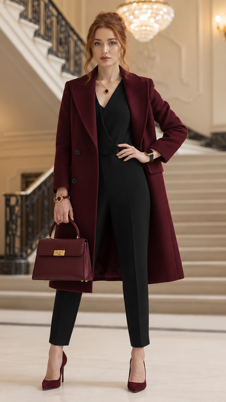 Burgundy Coat & Black Jumpsuit