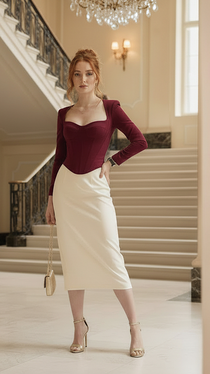 Burgundy Corset & White Midi Skirt