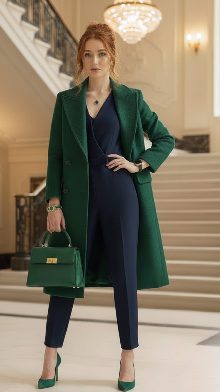 Green Coat & Navy Jumpsuit